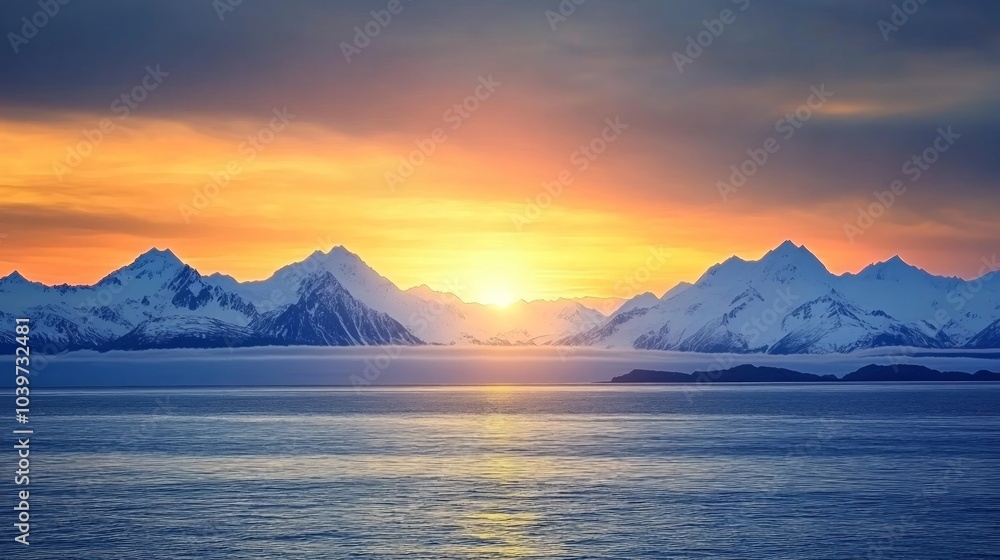 Fototapeta premium A vibrant sunset over a snow-capped mountain range with a calm sea in the foreground.