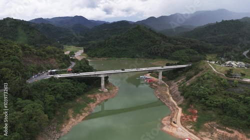 Fly over Halabala Forest Lake Bridge in Yala province, Thailand photo