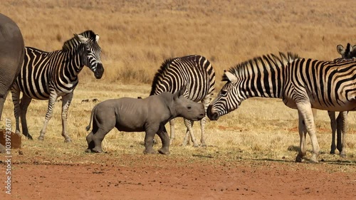 Incredible wildlife encounter as curious rhino calf and zebra greet each other