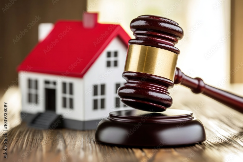 Apartment auction concept with a gavel and house model, representing the process of real estate transactions through bidding Apartment auction concept with a gavel and house model, representing the process of real estate transactions through bidding