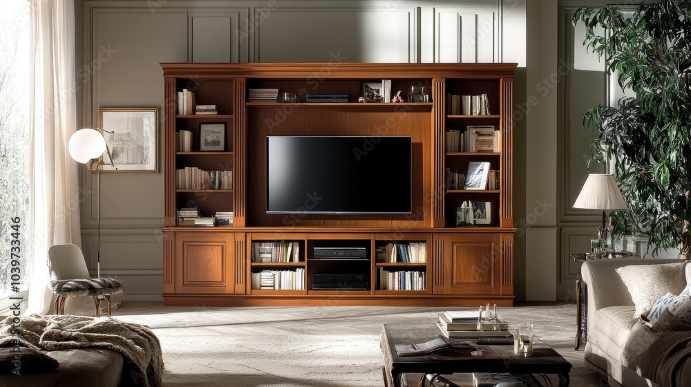 Elegant wooden wall unit in a cozy living space with a TV, bookshelves, and personal decorative accents Elegant wooden wall unit in a cozy living space with a TV, bookshelves, and personal decorative accents