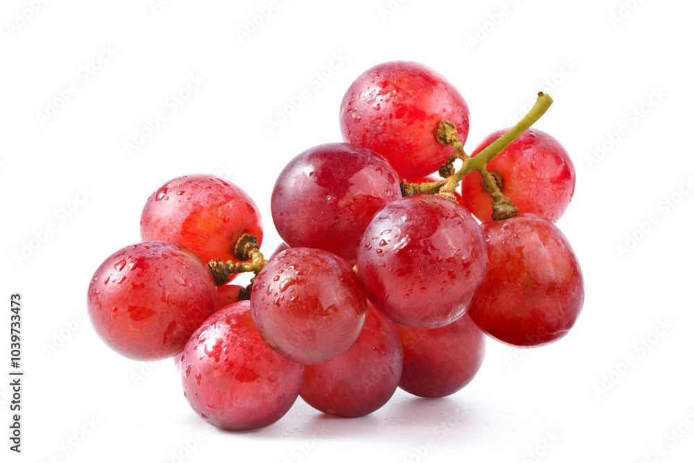 Red grape cluster with water droplets isolated on white background. Clipping path. Red grape cluster with water droplets isolated on white background. Clipping path.