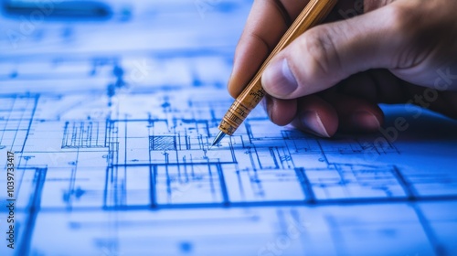 A hand holding a pencil over architectural blueprints.