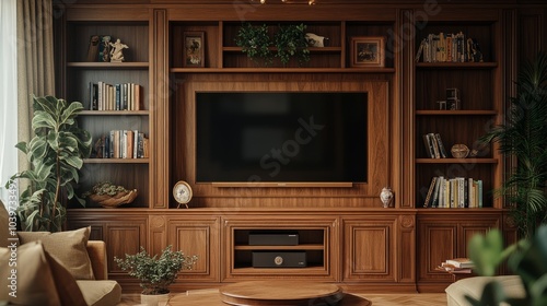 Elegant wooden wall unit in a cozy living space with a TV, bookshelves, and personal decorative accents