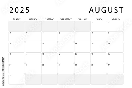 August 2025 monthly planner. Calendar template. Sunday start. Vector design