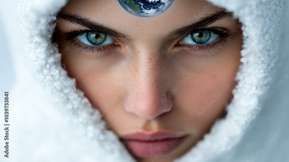 A woman's face is depicted in a close-up shot, with a globe positioned on her forehead, and a towel covering her head A woman's face is depicted in a close-up shot, with a globe positioned on her forehead, and a towel covering her head