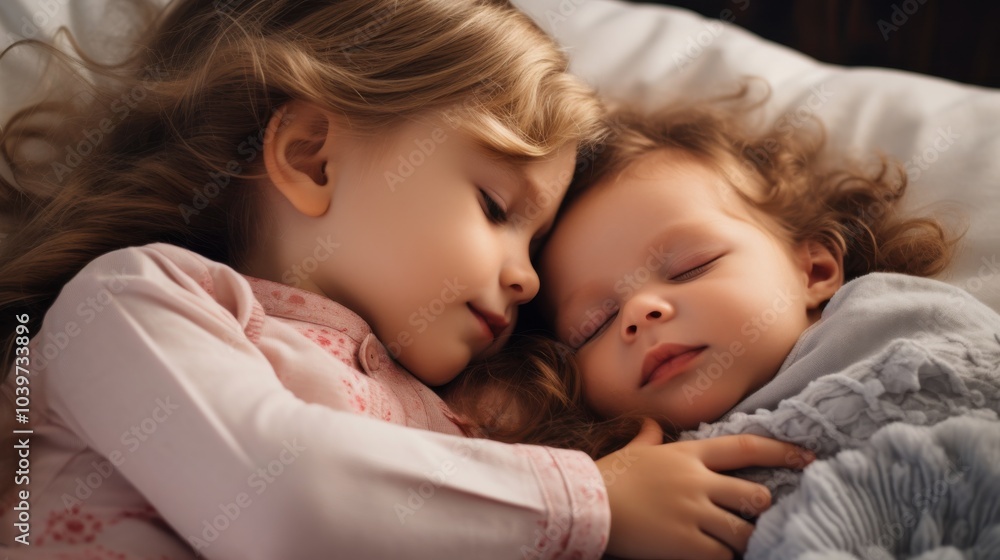 Tender portrait of siblings snuggled together, protectively embracing a newborn baby, portraying warmth, love, and familial bonds. Tender portrait of siblings snuggled together, protectively embracing a newborn baby, portraying warmth, love, and familial bonds.