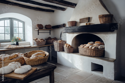 An old-fashioned baker's kitchen with a wood-fired oven and baskets of freshly baked loaves. photo