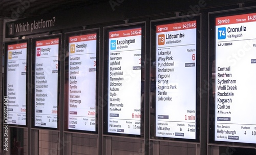 Electronic, digital train information signs in a city underground station