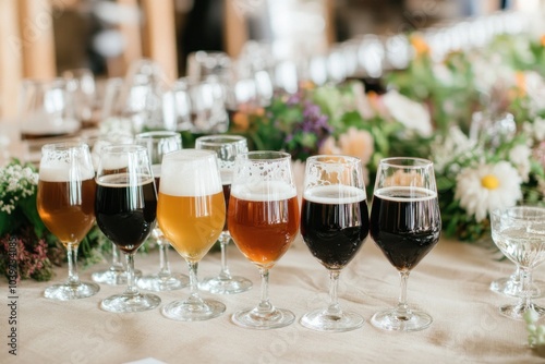 Beer tasting glasses with different craft beer varieties, arranged on a table for a tasting event, showcasing the diversity of craft beer photo