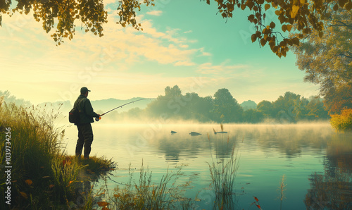 Man fishing in the pond in the morning in a beautiful summer landscape, generated by ai photo