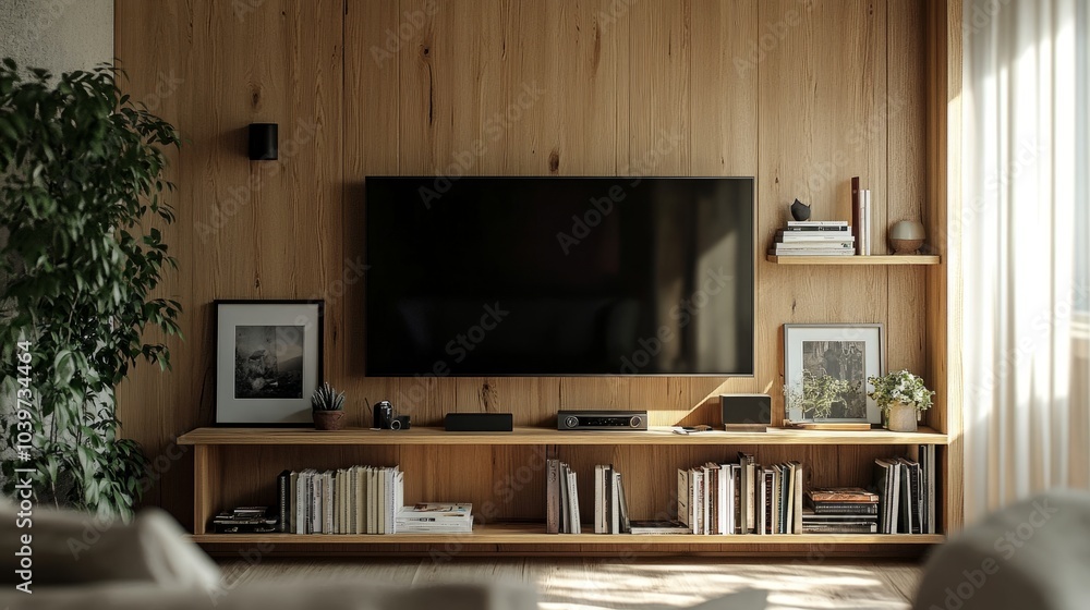 Wooden wall unit with a widescreen TV, books, and framed photos, adding character to a contemporary home Wooden wall unit with a widescreen TV, books, and framed photos, adding character to a contemporary home