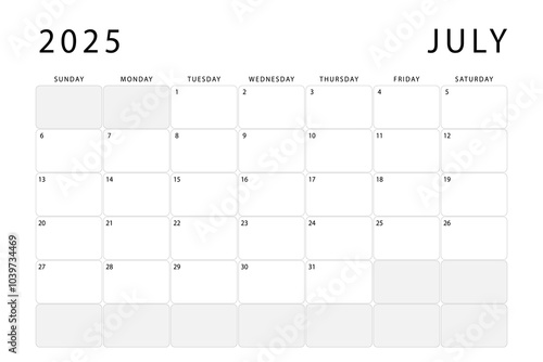 July 2025 monthly planner. Calendar template. Sunday start. Vector design
