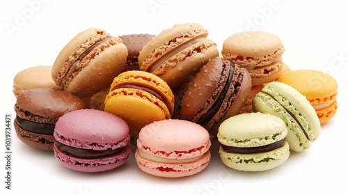 Colorful Assorted Macarons on White Background