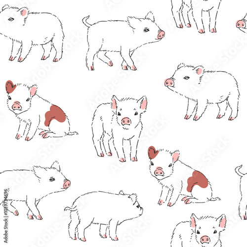 Vector seamless pattern with cute little piglets isolated on white. Hand drawn texture with sweet piggies in sketch style.