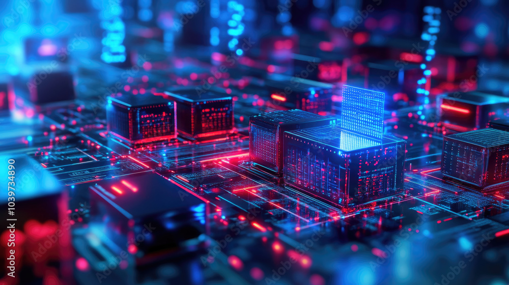 Obraz premium Futuristic circuit board landscape, intricate electronic components glowing in vibrant blue and red light, representing advanced technology and digital innovation.