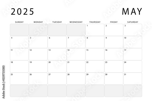May 2025 monthly planner. Calendar template. Sunday start. Vector design