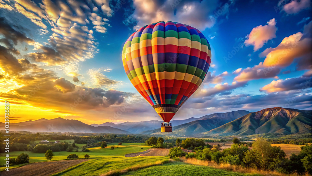 Obraz premium vibrant hot air balloon soars through a breathtaking sky, casting a long shadow on the lush green landscape below.