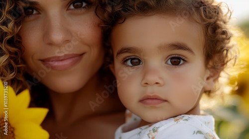  A woman closely holds a child, sunflower in foreground framing their faces; sunflower behind overlaps, adding depth