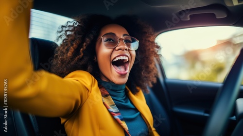 A young woman with exuberant energy smiles broadly while sitting in her car, ready for an exciting journey ahead.