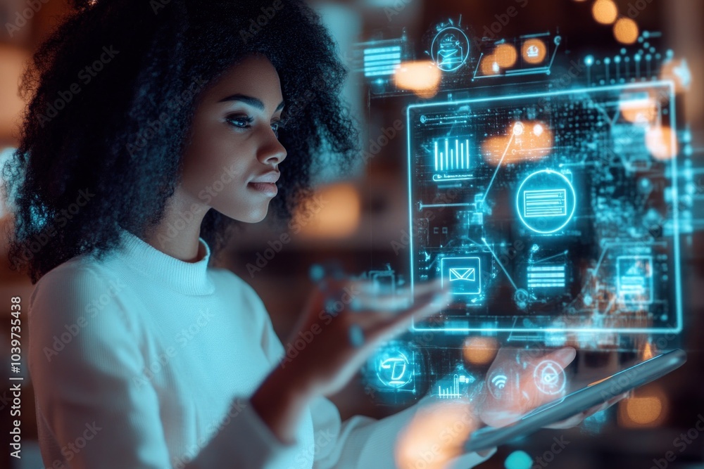 Business hologram on tablet screen, with a woman using digital management tools to interact with SME business icons Business hologram on tablet screen, with a woman using digital management tools to interact with SME business icons