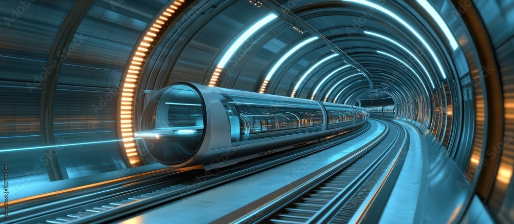 A hyperloop transport system with magnetic levitation trains racing through sleek tubular tracks showing energy-efficient travel A hyperloop transport system with magnetic levitation trains racing through sleek tubular tracks showing energy-efficient travel