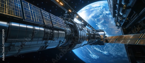 Fototapeta Naklejka Na Ścianę i Meble -  A next-gen AI-powered research station in space with solar panels extending out and Earth visible in the background through massive windows