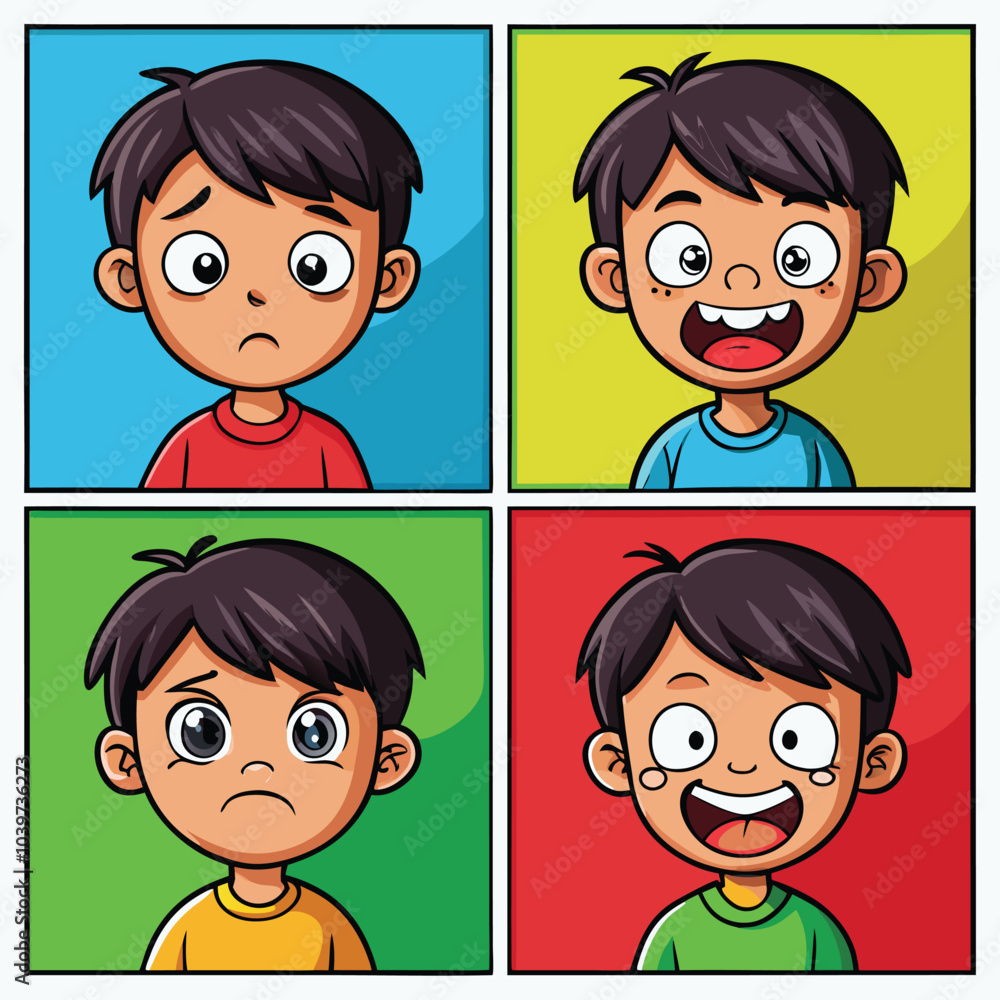 Happy sad angry and exciting panels comic caricature about a children vector illustration isolated on transparent background Happy sad angry and exciting panels comic caricature about a children vector illustration isolated on transparent background