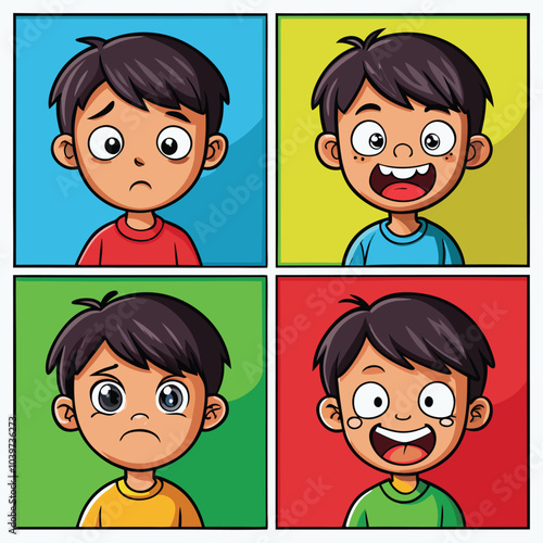 Happy sad angry and exciting panels comic caricature about a children vector illustration isolated on transparent background