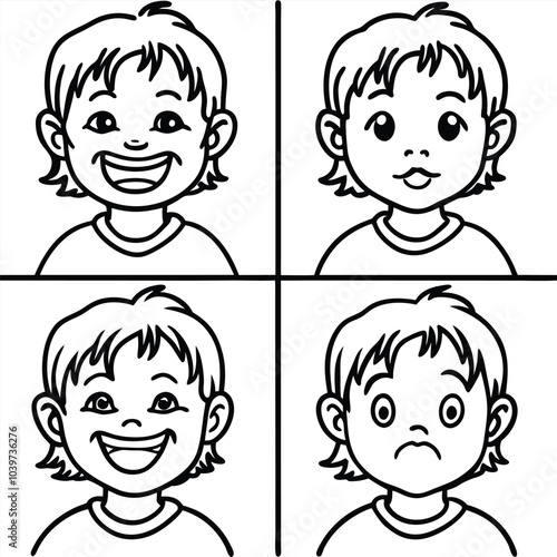 Happy sad angry and exciting panels comic caricature about a children vector illustration on transparent background