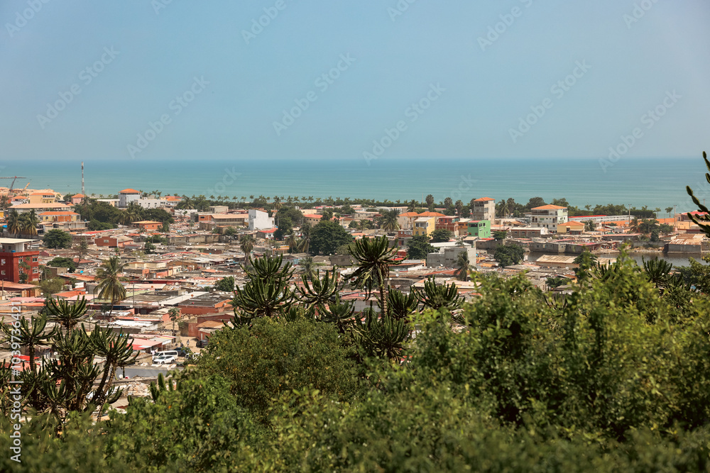 Fototapeta premium Aerial view of Luanda Angola showcasing coastal landscapes and urban development in a vibrant city setting
