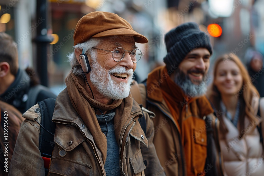 An elderly man wearing glasses and a hat enjoys a cheerful moment on a busy city street. Friends accompany him, showcasing a vibrant atmosphere filled with laughter and warmth amidst the cold An elderly man wearing glasses and a hat enjoys a cheerful moment on a busy city street. Friends accompany him, showcasing a vibrant atmosphere filled with laughter and warmth amidst the cold
