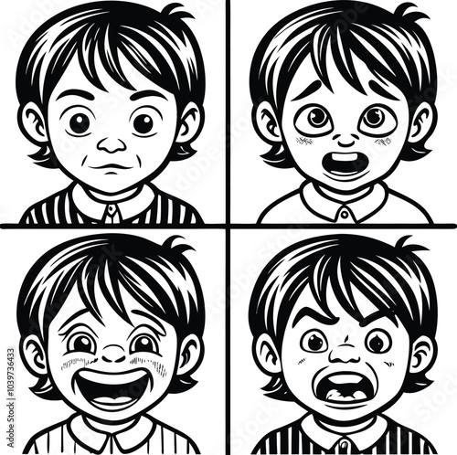 Happy sad angry and exciting panels comic caricature of a children vector illustration on transparent background