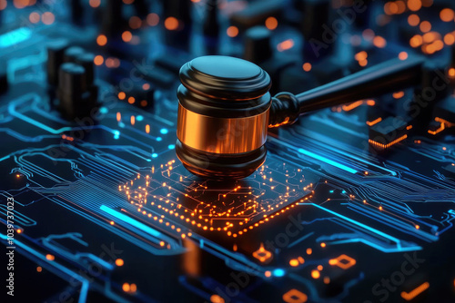 Justice in Technology, a gavel resting on a blue circuit board, symbolizing the intersection of law and digital innovation, highlighting the evolving landscape of legal frameworks.