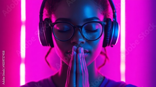 A young woman with headphones and glasses meditating with her eyes closed, illuminated by neon lights.