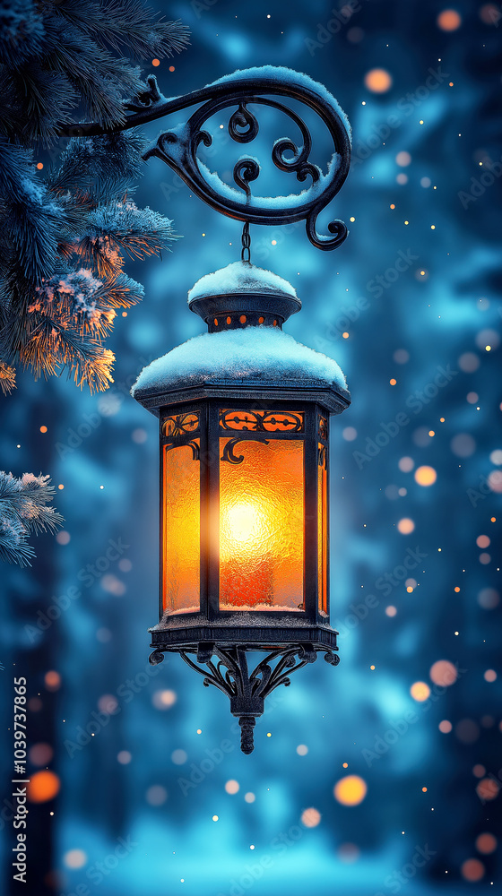 Snowy Winter Lantern Illuminating the Night with Warm Glow in a Festive Outdoor Setting Snowy Winter Lantern Illuminating the Night with Warm Glow in a Festive Outdoor Setting