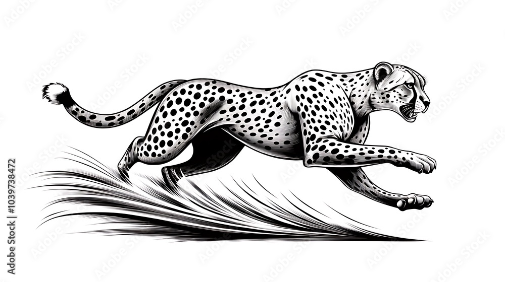 Minimalist line art of a cheetah running, its body stretched in full motion, set against a clean white backdrop, fine and delicate lines emphasizing speed and agility, hd quality, soft curves,