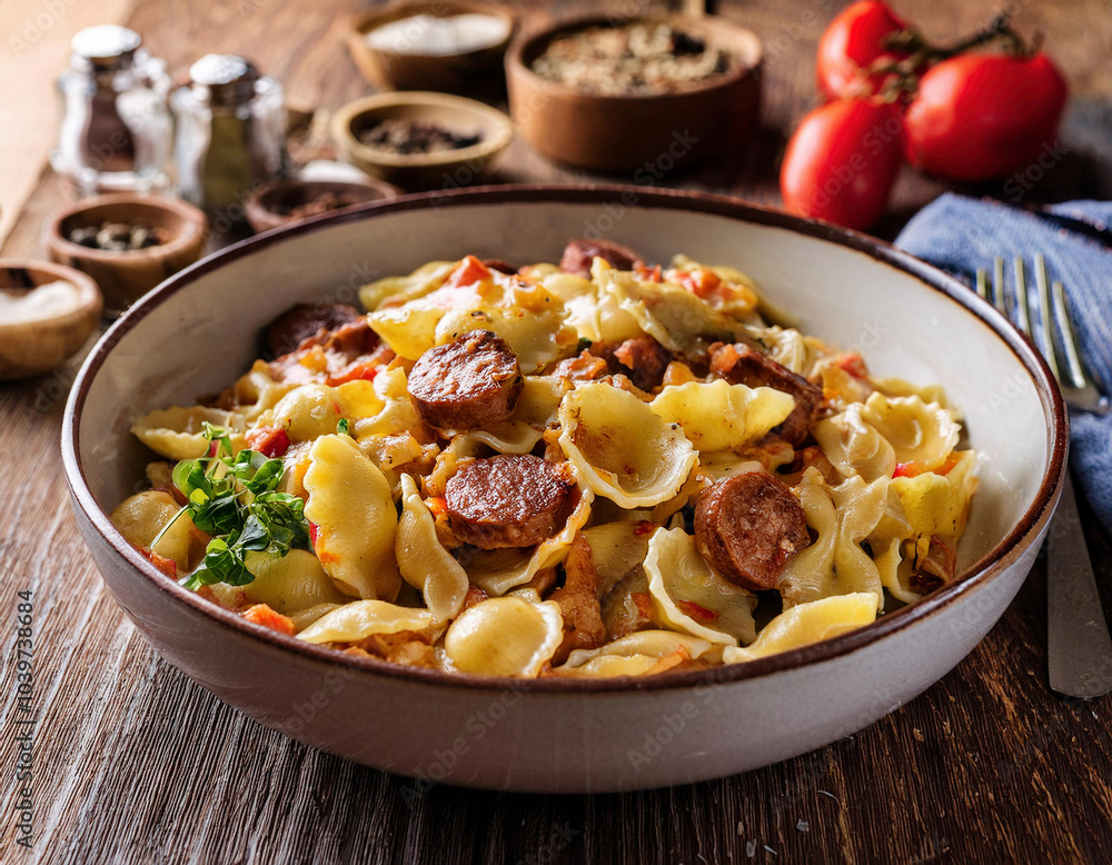 Pasta with sausage and vegetables in a big ceramic bowl on a rustic wooden table Pasta with sausage and vegetables in a big ceramic bowl on a rustic wooden table