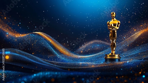 Blue award background with golden lines and abstract shape of the cinema awards statue for sunset light, elegant presentation design background