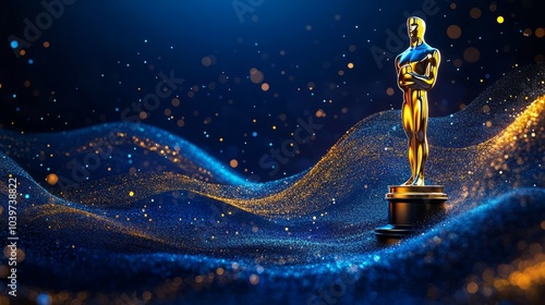 Blue award background with golden lines and abstract shape of the cinema awards statue for sunset light, elegant presentation design background