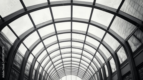 An arched, glass ceiling with a metal framework in a contemporary building.