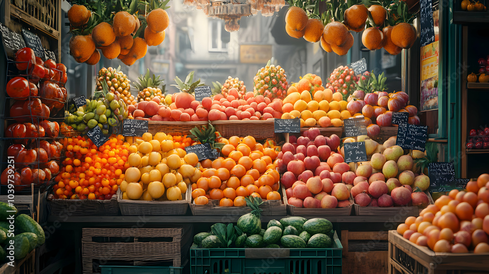 A Vibrant Display of Fresh Fruit at a Local Market Stall, Featuring Ripe Oranges, Tomatoes, Apples, and More, a Delightful Scene of Abundance and Color. A Vibrant Display of Fresh Fruit at a Local Market Stall, Featuring Ripe Oranges, Tomatoes, Apples, and More, a Delightful Scene of Abundance and Color.