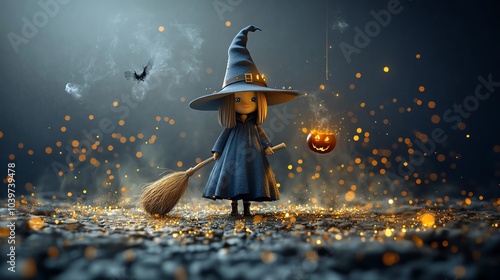 Little witch with a big hat and broom, casting spells with sparkles, 3D Halloween witch, cute magic photo