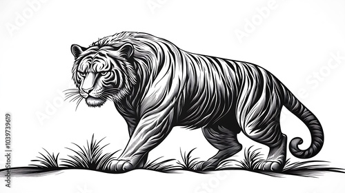 Wallpaper Mural Minimalist line art of a crouching tiger, poised to pounce, set against a clean white backdrop, fine and delicate lines emphasizing its muscular tension and focus, hd quality, soft curves, Torontodigital.ca