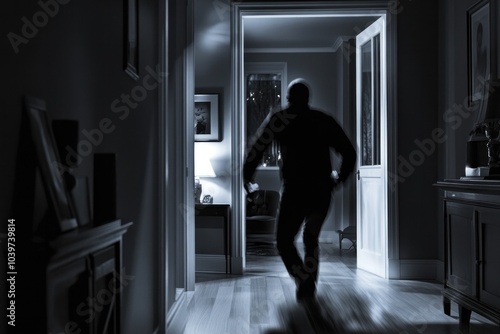 Home theft in progress, a burglar moving quickly through a house, searching for expensive items in the quiet of the night