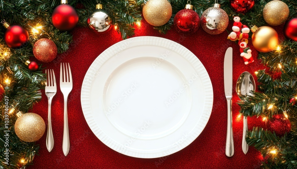 Christmas table setting with an empty plate, a Christmas tree and Christmas decorations in the background Christmas table setting with an empty plate, a Christmas tree and Christmas decorations in the background