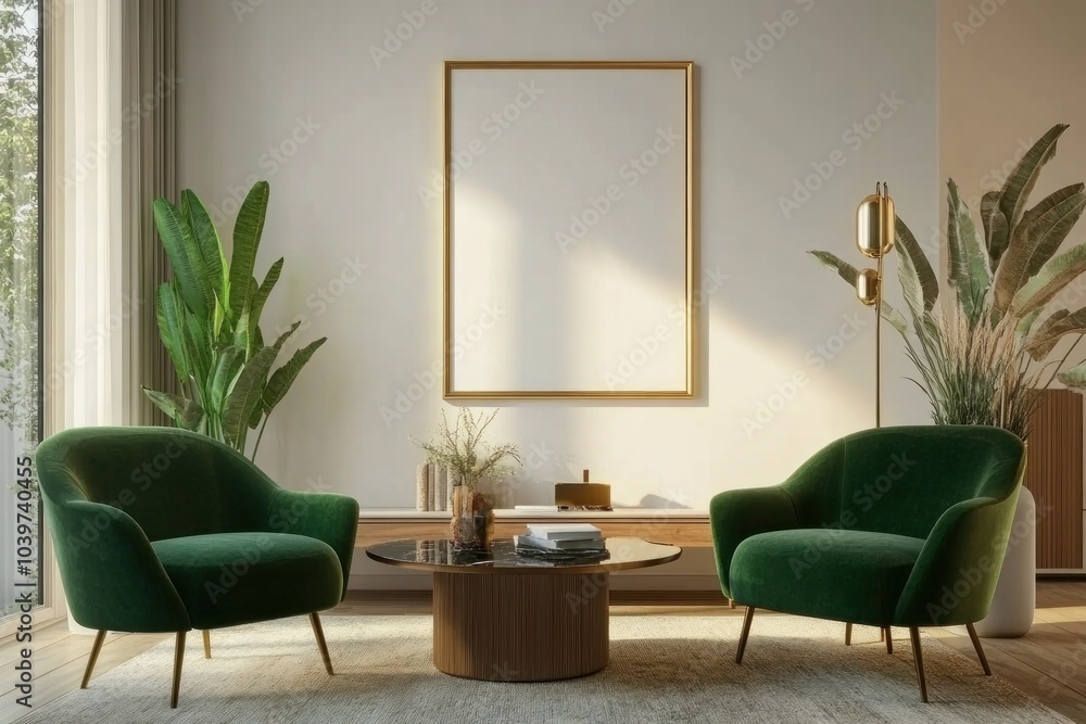 Living room with a mockup art frame, elegant green chairs, and a sleek coffee table, creating a modern, cozy atmosphere Living room with a mockup art frame, elegant green chairs, and a sleek coffee table, creating a modern, cozy atmosphere