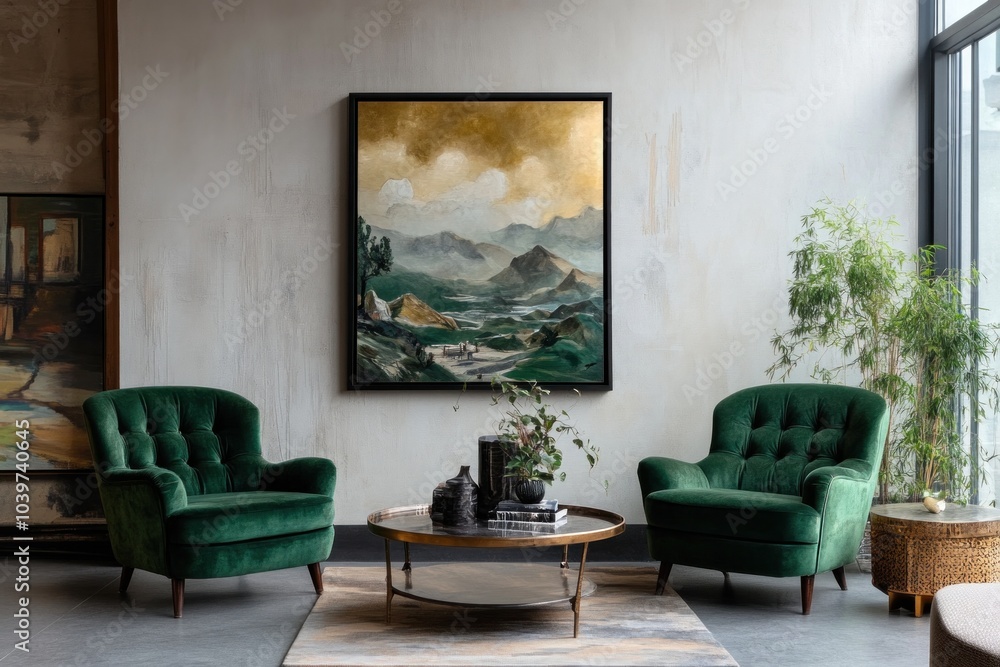 Living room with mockup frame on the wall, stylish green armchairs, and a coffee table, creating a clean, modern interior Living room with mockup frame on the wall, stylish green armchairs, and a coffee table, creating a clean, modern interior