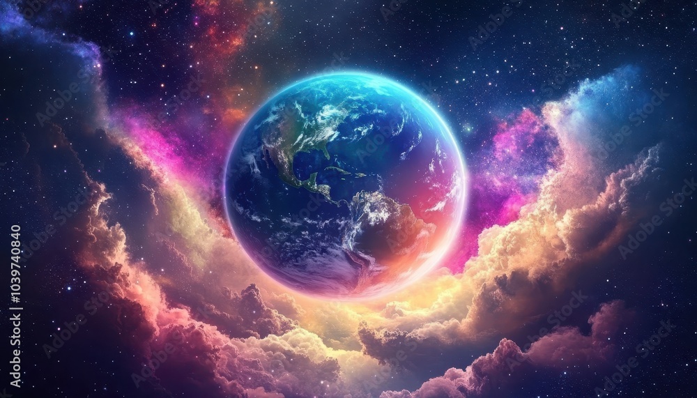 Obraz premium A planet where clouds wrap around the sky like a haze, and the earth sparkles with purple, green and yellow, revealing vast oceans with smooth waves and mountains that know no bounds