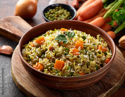 Rice and Mung Bean Pilaf with Carrots and Onions in a big bowl on a rustic table with ingredients